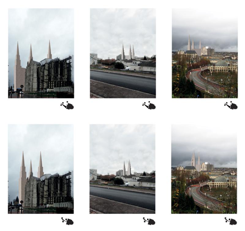 A play on perspective where certain views within the city show the 'sacred Image' of a cathedral.
